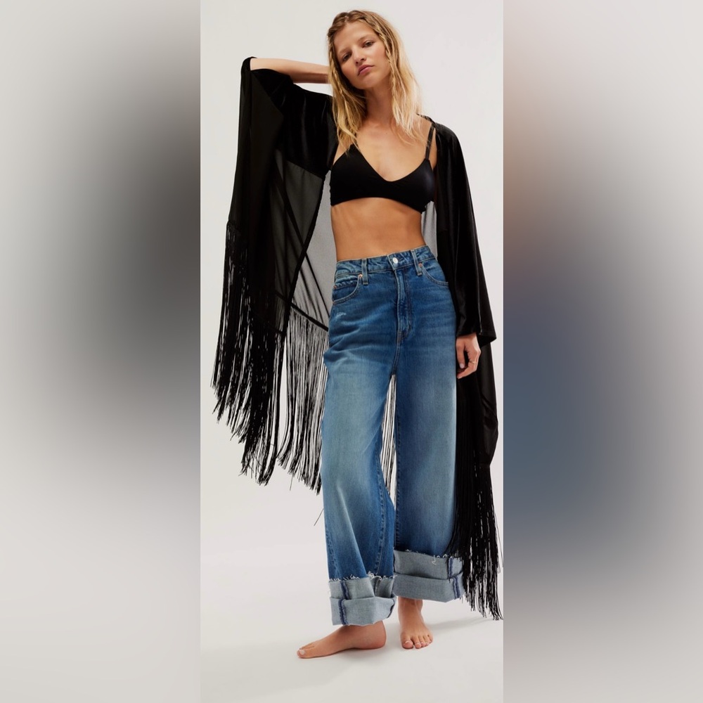 Free People Black Sheer Fringe Kimono Robe